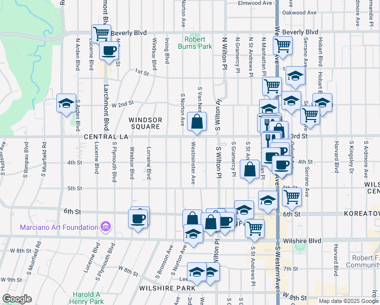 map of restaurants, bars, coffee shops, grocery stores, and more near 333 Westminster Avenue in Los Angeles