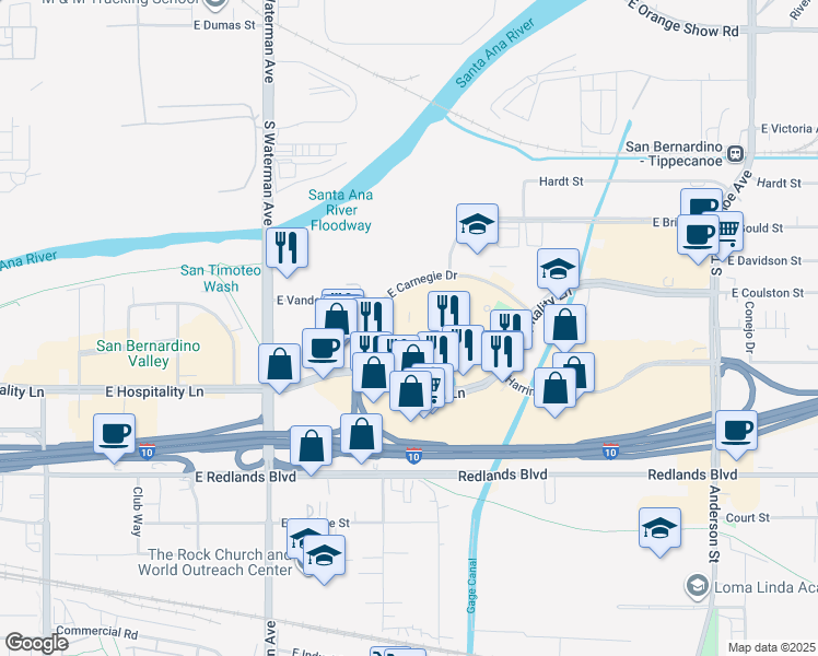 map of restaurants, bars, coffee shops, grocery stores, and more near 560 East Hospitality Lane in San Bernardino