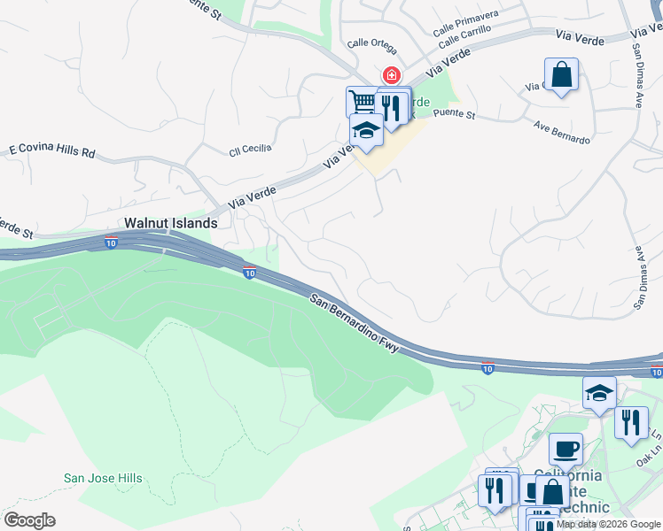 map of restaurants, bars, coffee shops, grocery stores, and more near 2360 Vía Fresa in San Dimas