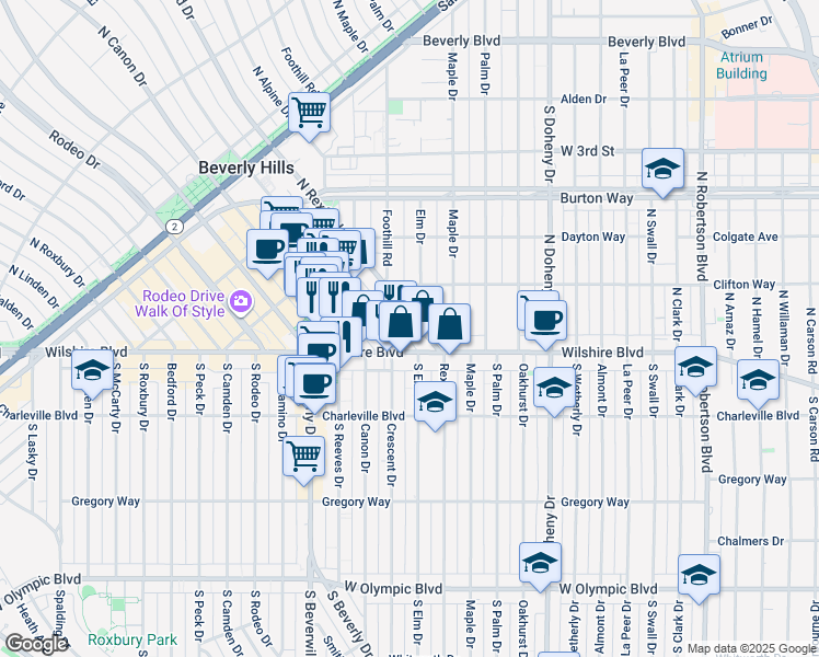 map of restaurants, bars, coffee shops, grocery stores, and more near 133 North Rexford Drive in Beverly Hills