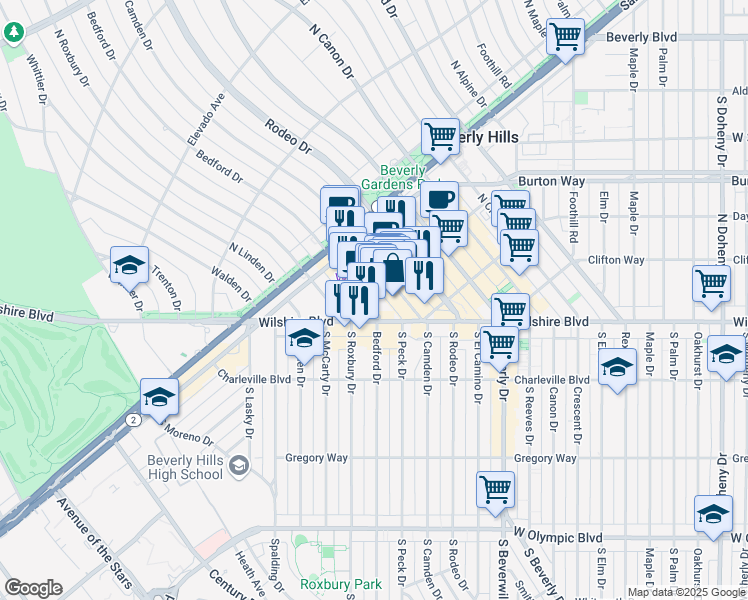 map of restaurants, bars, coffee shops, grocery stores, and more near in Beverly Hills