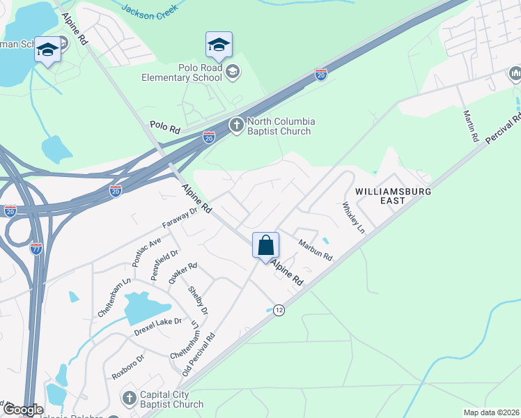 map of restaurants, bars, coffee shops, grocery stores, and more near 221 Cambridge Lane Road in Columbia