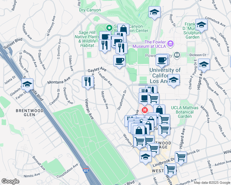 map of restaurants, bars, coffee shops, grocery stores, and more near 519 Landfair Avenue in Los Angeles