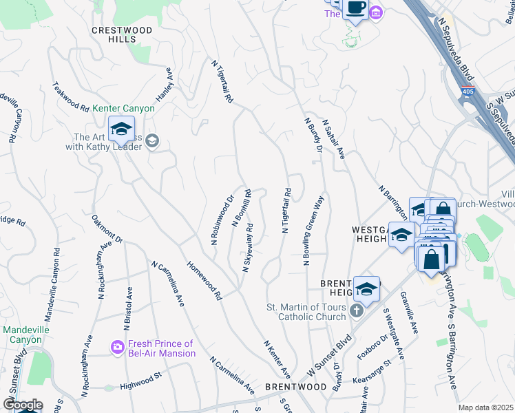 map of restaurants, bars, coffee shops, grocery stores, and more near 517 North Greencraig Road in Los Angeles