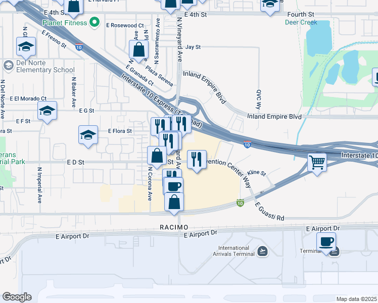 map of restaurants, bars, coffee shops, grocery stores, and more near 430 North Vineyard Avenue in Ontario