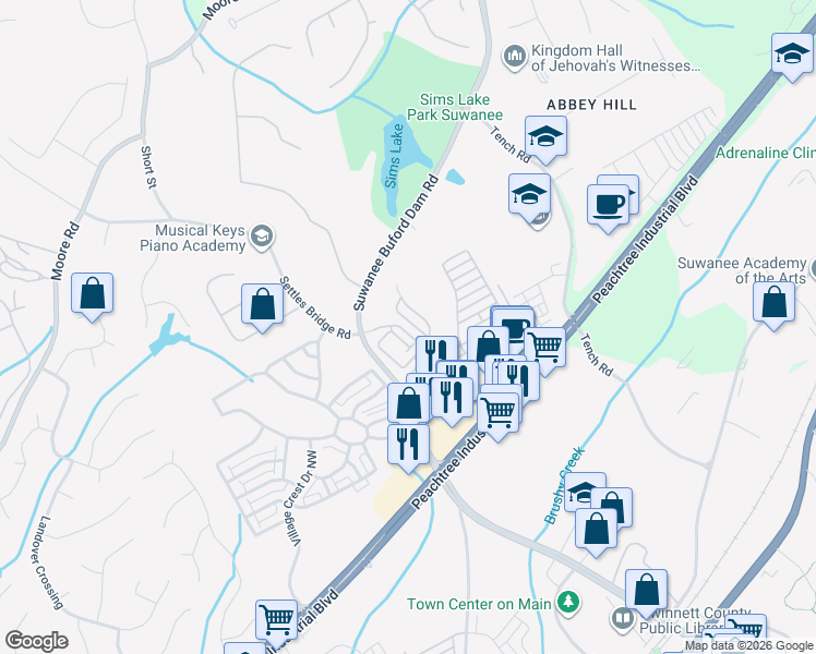 map of restaurants, bars, coffee shops, grocery stores, and more near 4361 Baverton Drive in Suwanee