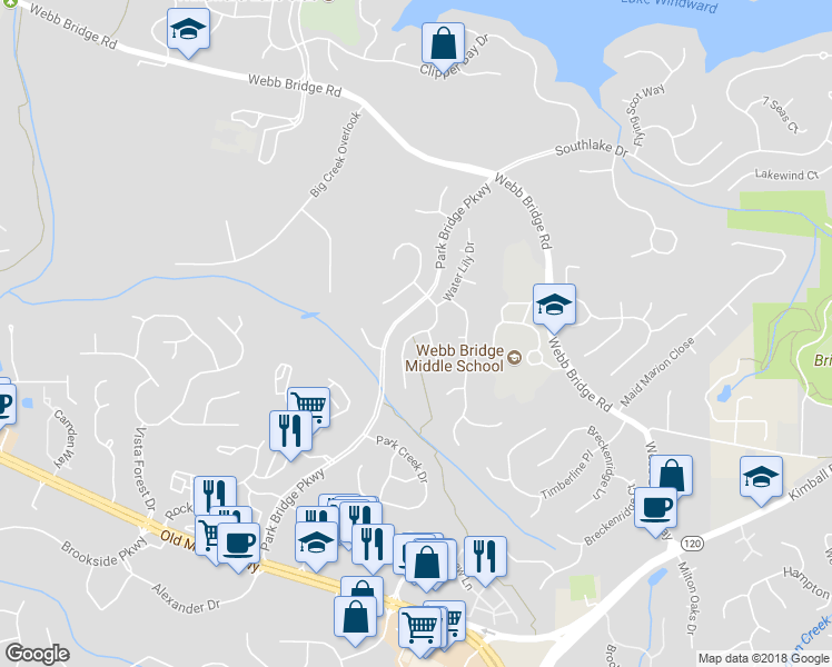 map of restaurants, bars, coffee shops, grocery stores, and more near 4200 Bellflower Drive in Alpharetta