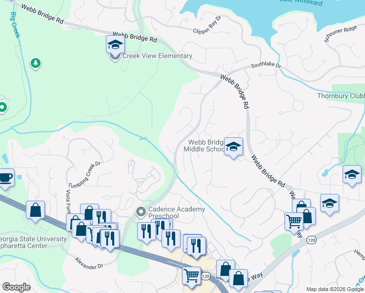 map of restaurants, bars, coffee shops, grocery stores, and more near 4135 Bellflower Dr in Alpharetta