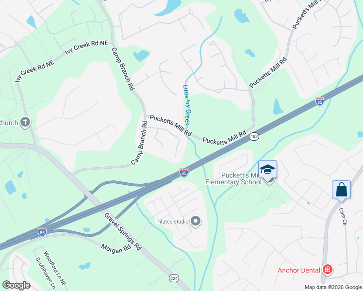map of restaurants, bars, coffee shops, grocery stores, and more near 2912 Springbluff Lane in Buford