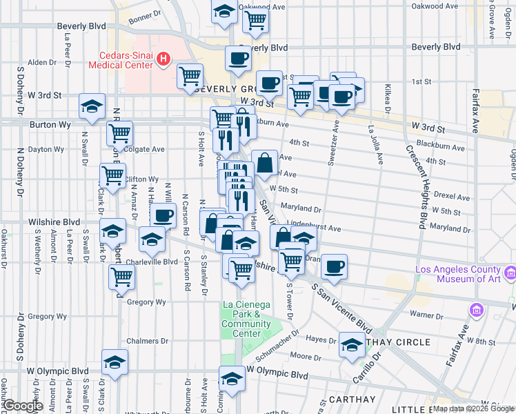 map of restaurants, bars, coffee shops, grocery stores, and more near 146 North Hamilton Drive in Beverly Hills