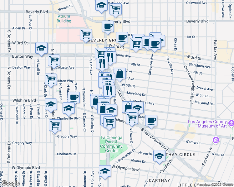 map of restaurants, bars, coffee shops, grocery stores, and more near 146 North Hamilton Drive in Beverly Hills