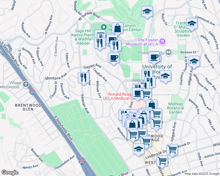 map of restaurants, bars, coffee shops, grocery stores, and more near 519 Landfair Avenue in Los Angeles