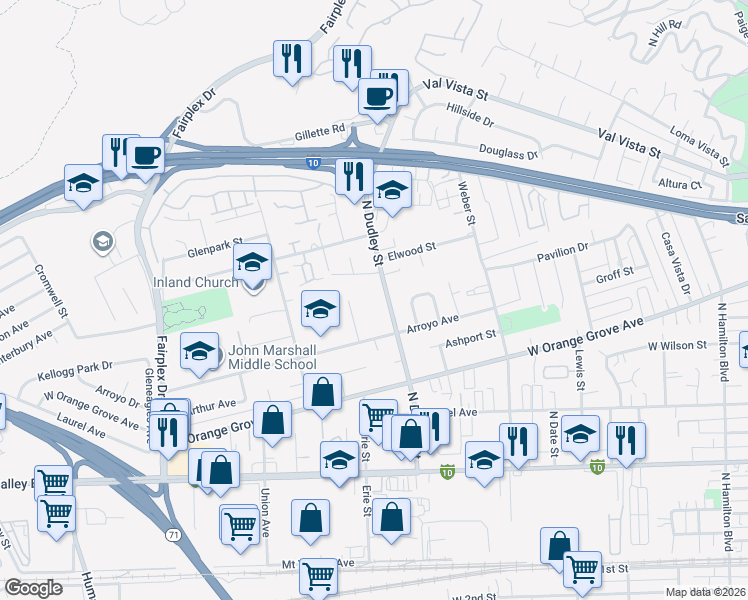 map of restaurants, bars, coffee shops, grocery stores, and more near 1047 N Dudley St in Pomona