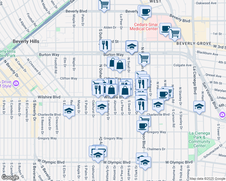 map of restaurants, bars, coffee shops, grocery stores, and more near 121 North Almont Drive in Beverly Hills