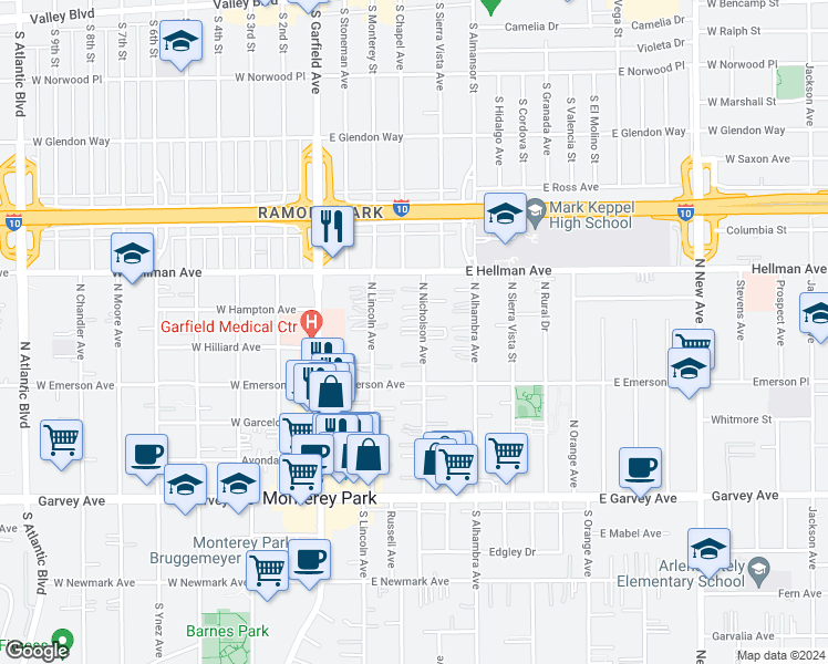 map of restaurants, bars, coffee shops, grocery stores, and more near 515 North Nicholson Avenue in Monterey Park