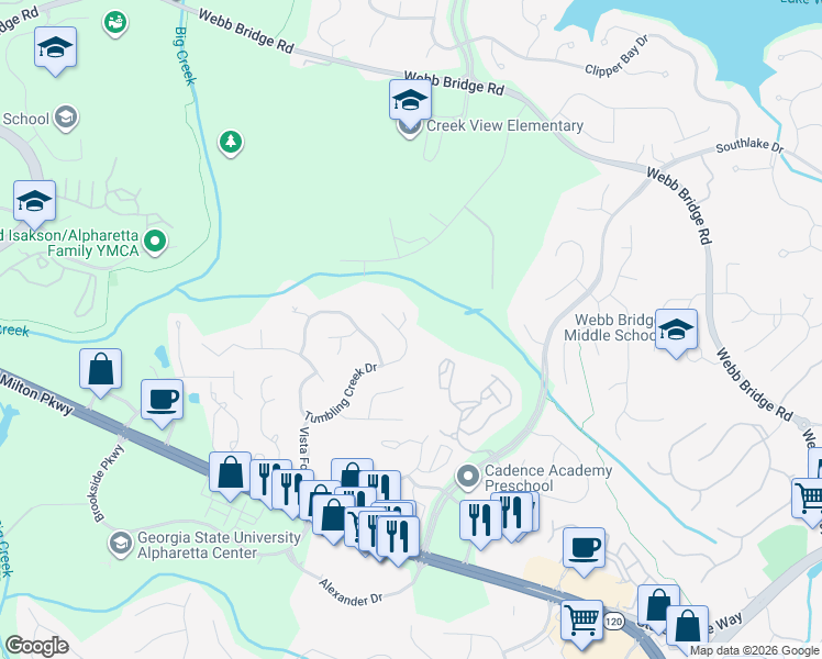 map of restaurants, bars, coffee shops, grocery stores, and more near 615 Brook Landing Court in Alpharetta