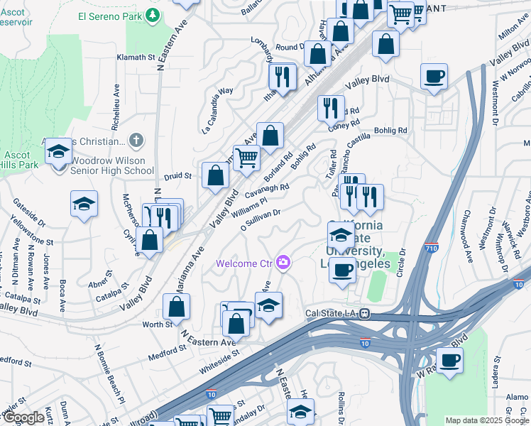 map of restaurants, bars, coffee shops, grocery stores, and more near 5013 O Sullivan Drive in Los Angeles