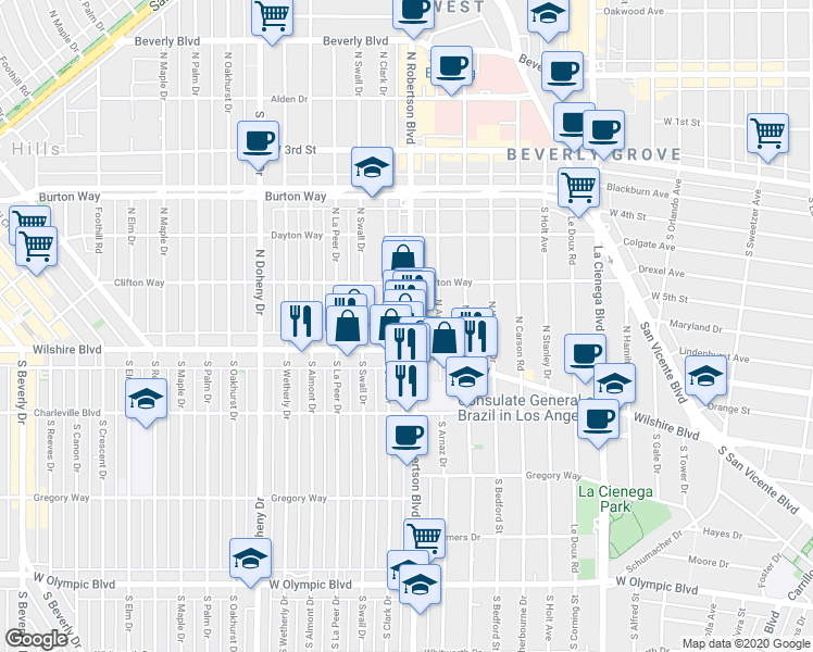 map of restaurants, bars, coffee shops, grocery stores, and more near 124 North Clark Drive in Beverly Hills