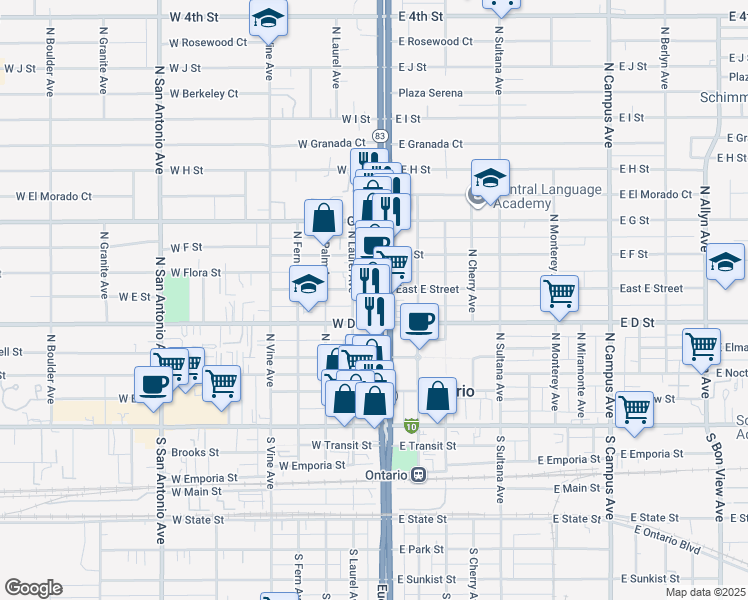 map of restaurants, bars, coffee shops, grocery stores, and more near 426 North Euclid Avenue in Ontario