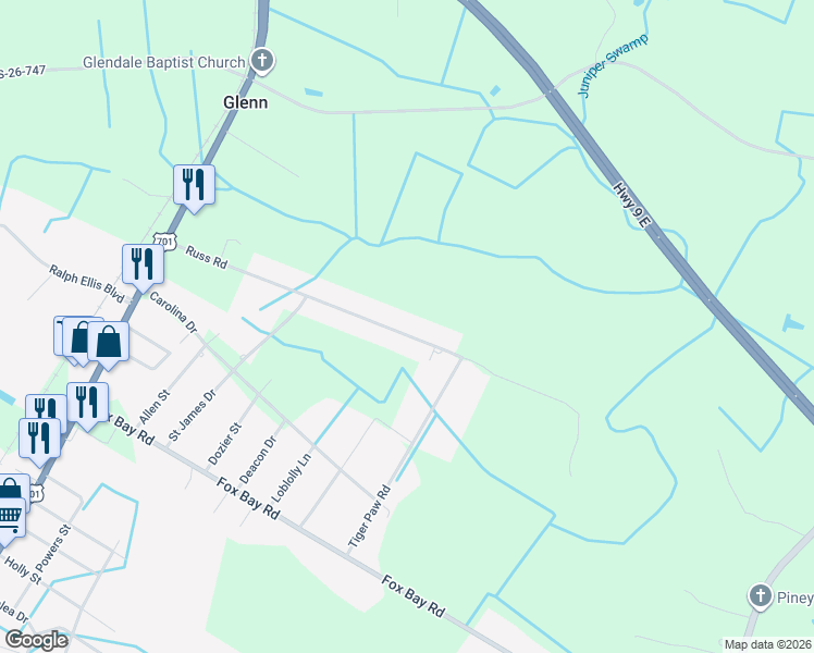 map of restaurants, bars, coffee shops, grocery stores, and more near 309 Russ Road in Loris