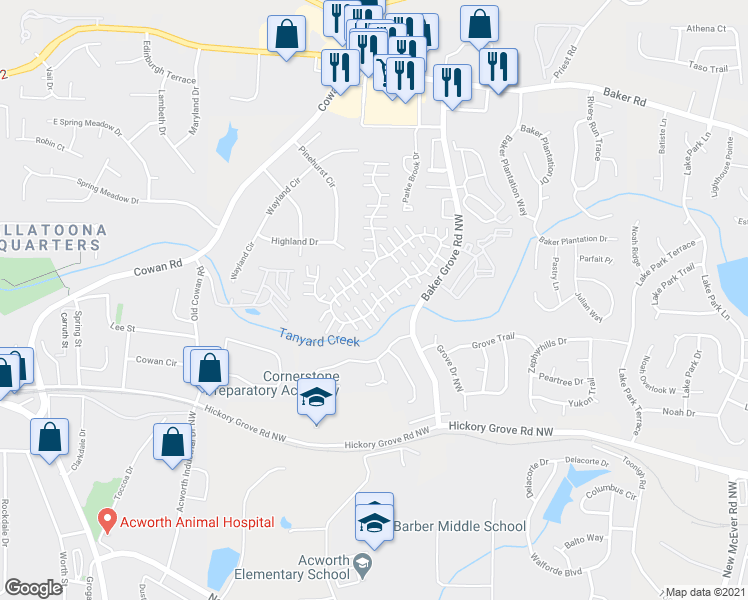 map of restaurants, bars, coffee shops, grocery stores, and more near 341 Windcroft Circle Northwest in Acworth