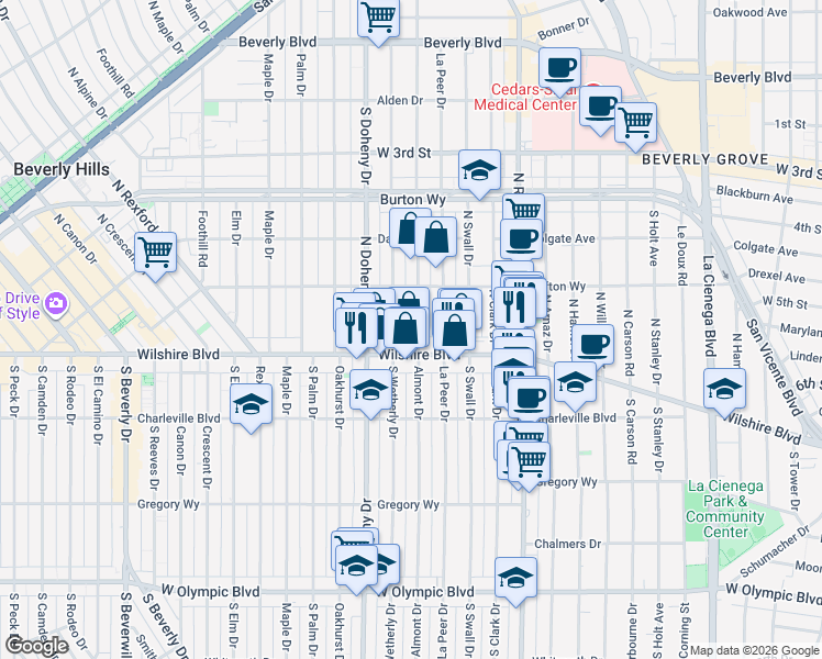 map of restaurants, bars, coffee shops, grocery stores, and more near 121 North Almont Drive in Beverly Hills
