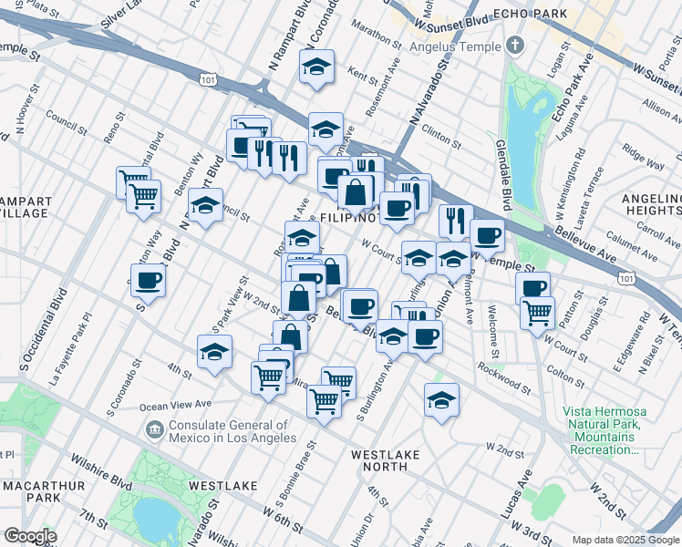 map of restaurants, bars, coffee shops, grocery stores, and more near 214 North Alvarado Street in Los Angeles