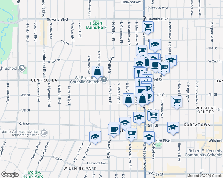 map of restaurants, bars, coffee shops, grocery stores, and more near 332 South Wilton Place in Los Angeles