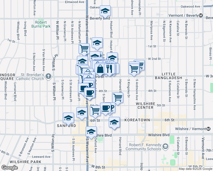 map of restaurants, bars, coffee shops, grocery stores, and more near 2 South Serrano Avenue in Los Angeles