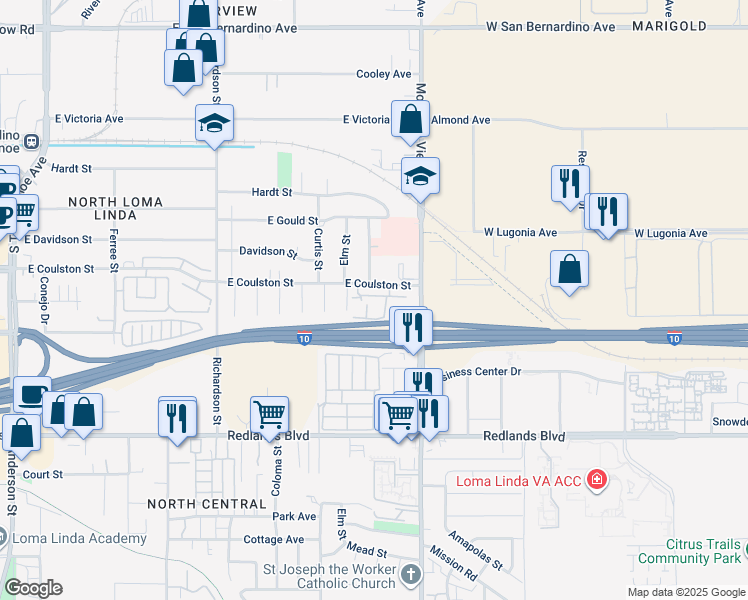 map of restaurants, bars, coffee shops, grocery stores, and more near 1965 East Coulston Street in Loma Linda