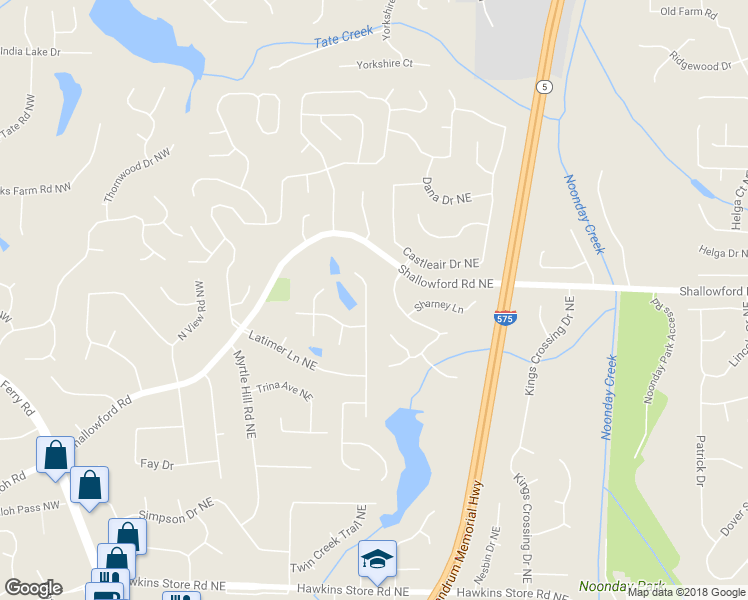 map of restaurants, bars, coffee shops, grocery stores, and more near 64 Lake Latimer Drive Northeast in Kennesaw