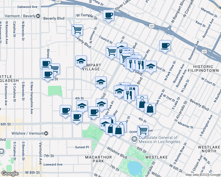 map of restaurants, bars, coffee shops, grocery stores, and more near 269 South La Fayette Park Place in Los Angeles