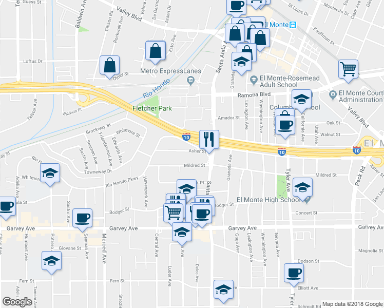 map of restaurants, bars, coffee shops, grocery stores, and more near 10434 Asher Street in El Monte