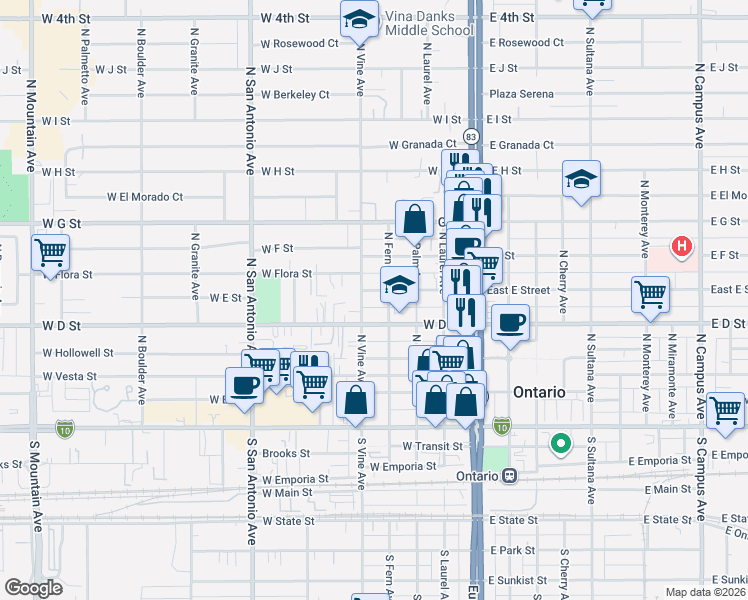 map of restaurants, bars, coffee shops, grocery stores, and more near 417 West E Street in Ontario