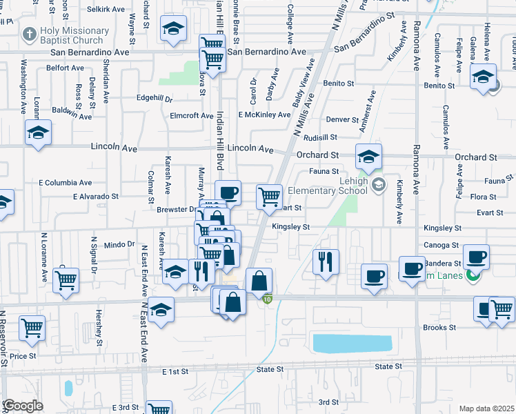 map of restaurants, bars, coffee shops, grocery stores, and more near 1688 Granada Place in Pomona