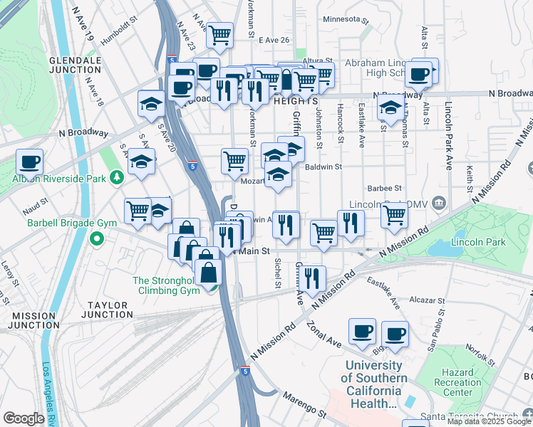 map of restaurants, bars, coffee shops, grocery stores, and more near 2717 Darwin Ave in Los Angeles