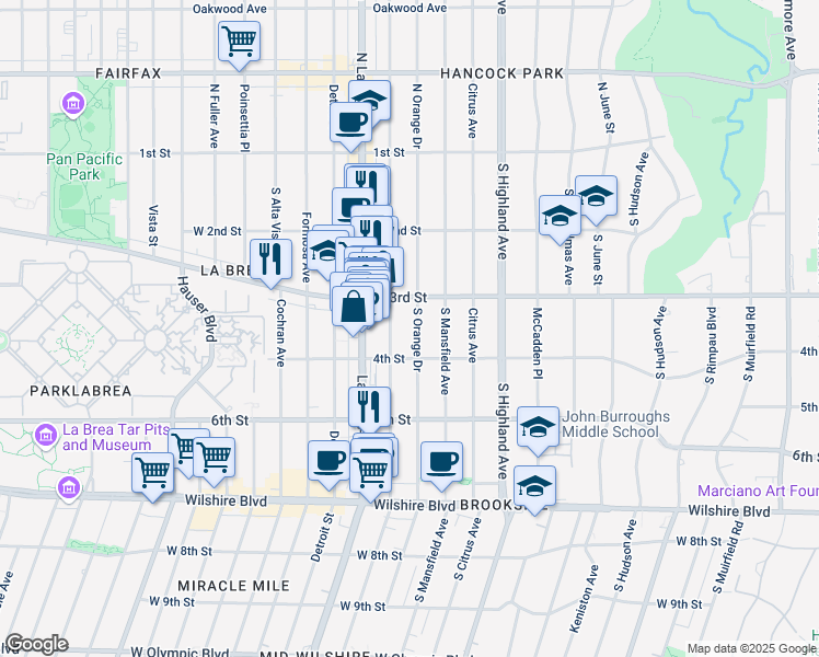 map of restaurants, bars, coffee shops, grocery stores, and more near 334 South Sycamore Avenue in Los Angeles