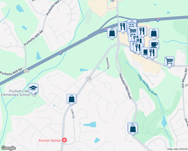 map of restaurants, bars, coffee shops, grocery stores, and more near 3215 Stancil Drive in Dacula