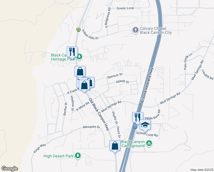 map of restaurants, bars, coffee shops, grocery stores, and more near 19281 Abbott Street in Black Canyon City