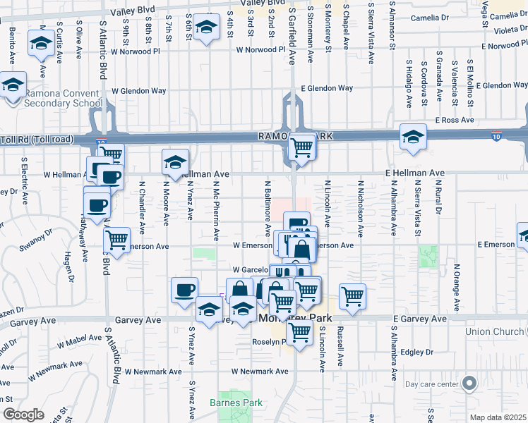 map of restaurants, bars, coffee shops, grocery stores, and more near 511 North Baltimore Avenue in Monterey Park