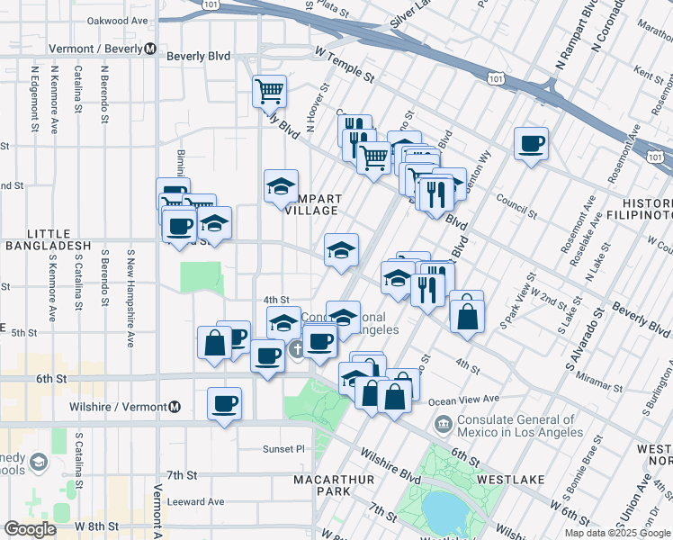 map of restaurants, bars, coffee shops, grocery stores, and more near 300 South Reno Street in Los Angeles