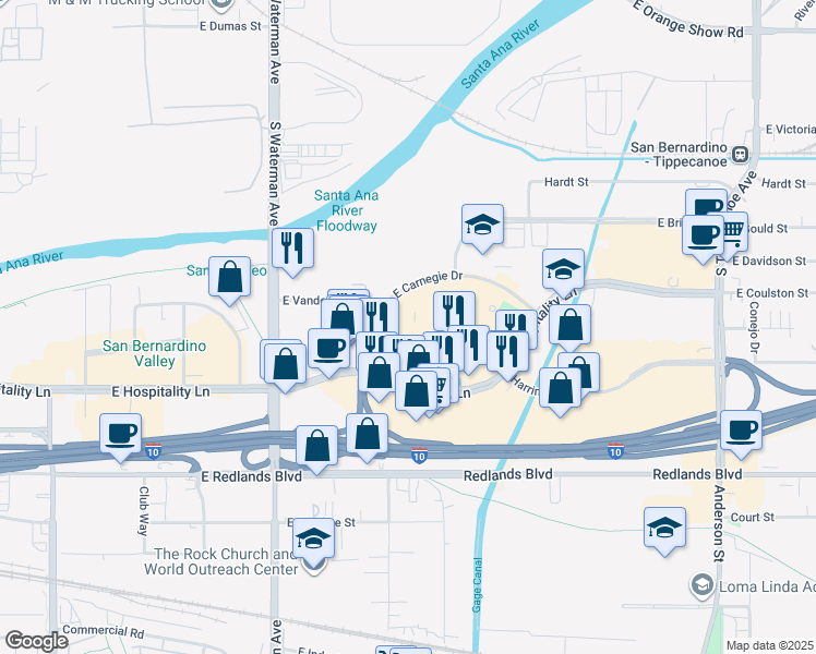 map of restaurants, bars, coffee shops, grocery stores, and more near 560 East Hospitality Lane in San Bernardino
