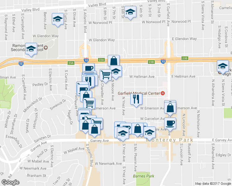 map of restaurants, bars, coffee shops, grocery stores, and more near 516 North Moore Avenue in Monterey Park