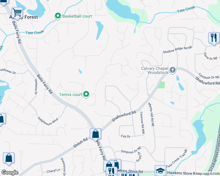 map of restaurants, bars, coffee shops, grocery stores, and more near 4722 North Springs Road Northwest in Kennesaw