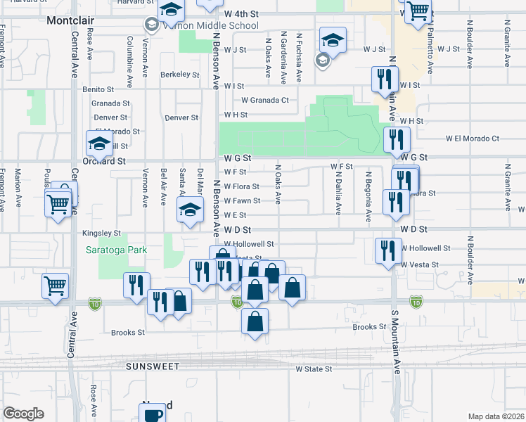 map of restaurants, bars, coffee shops, grocery stores, and more near 1430 West E Street in Ontario