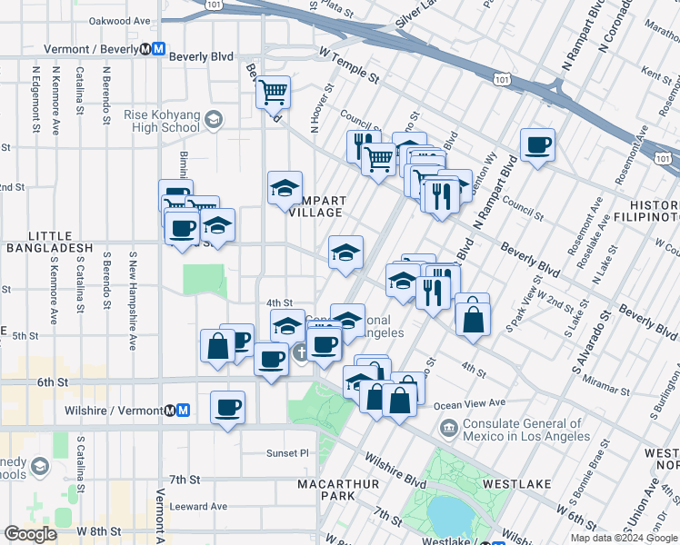 map of restaurants, bars, coffee shops, grocery stores, and more near 300 South Reno Street in Los Angeles