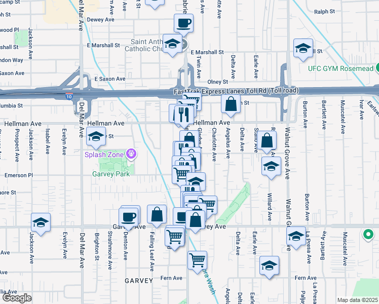 map of restaurants, bars, coffee shops, grocery stores, and more near 3300 San Gabriel Boulevard in Rosemead