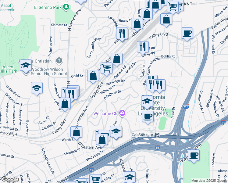 map of restaurants, bars, coffee shops, grocery stores, and more near 5013 O Sullivan Drive in Los Angeles