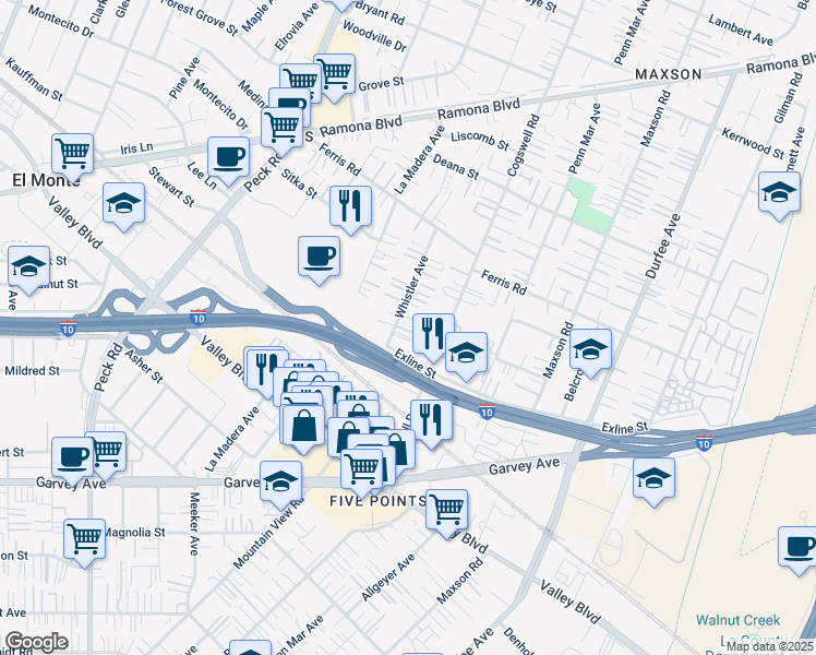 map of restaurants, bars, coffee shops, grocery stores, and more near 3428 Whistler Avenue in El Monte