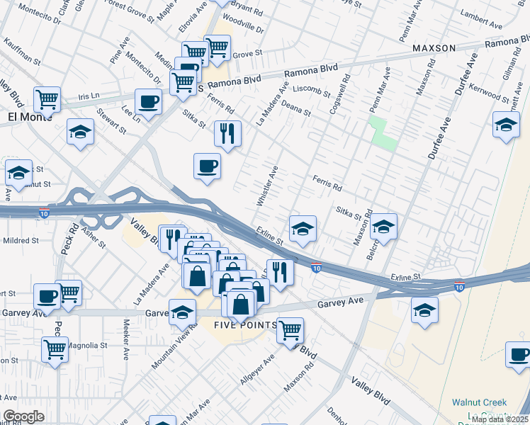 map of restaurants, bars, coffee shops, grocery stores, and more near 3424 Whistler Avenue in El Monte